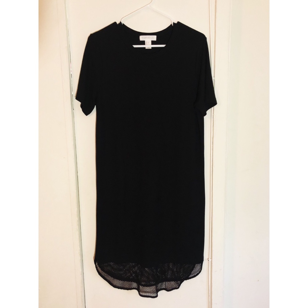 Black Midi T-Shirt Dress with Bottom Mesh Trim